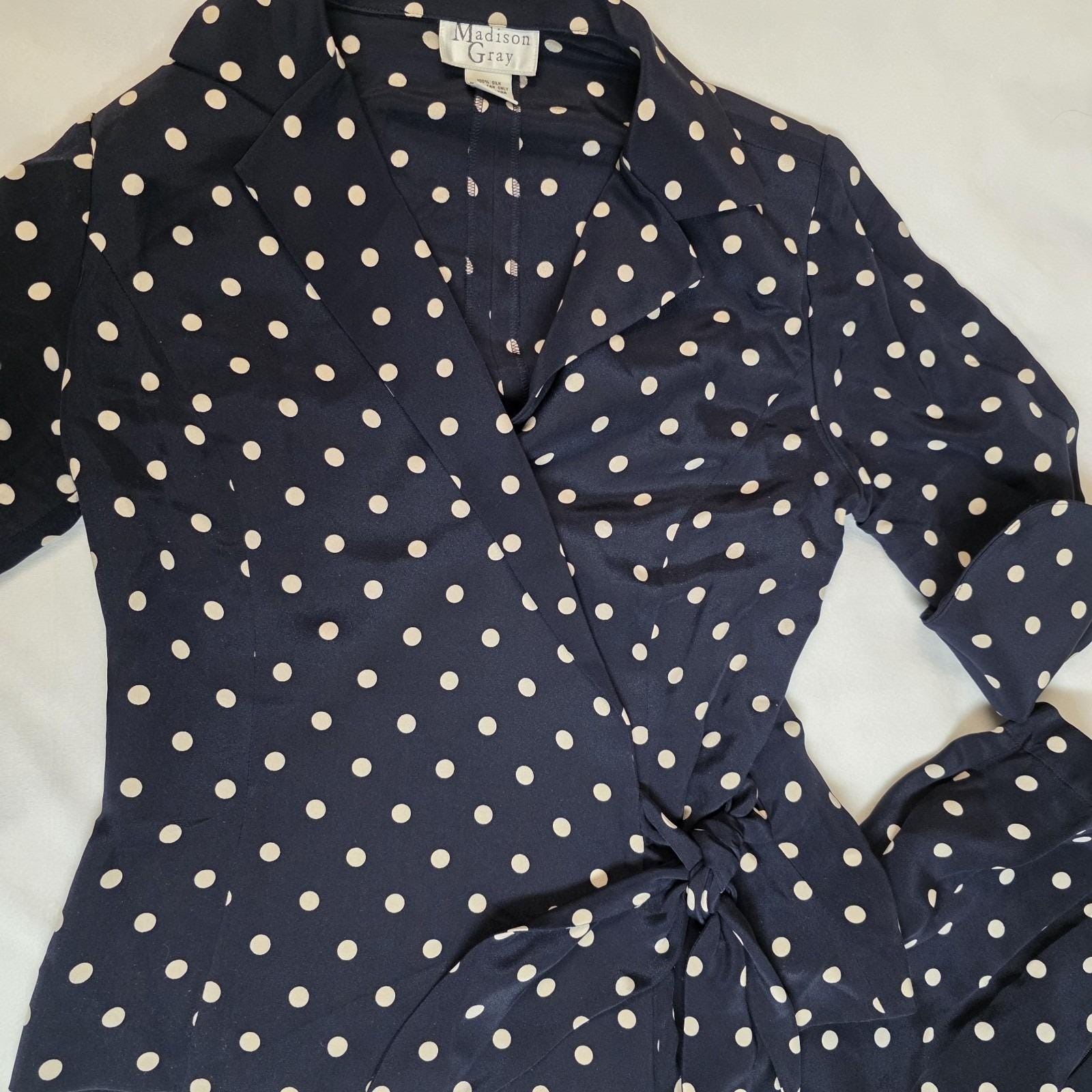 Vintage Madison Gray Silk Dress Pants & Blouse Size 6p Polka Dots Navy Cream